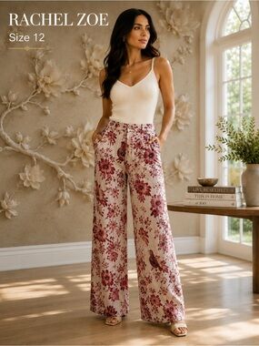 Rachel Zoe 100% European Flax Linen Floral Bird Wide Leg Pants Size 12